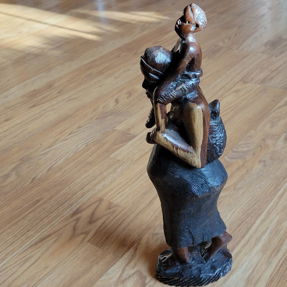Vintage iron wood carving African women with child figurine sculpture
